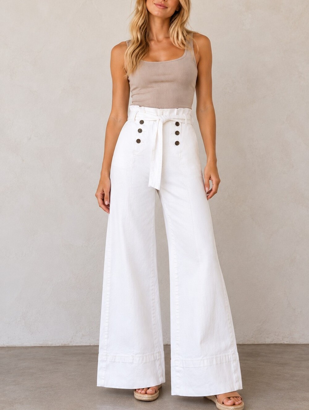 Venus White Sailor Wide Leg Pants High Waist Tie Belt Button Front Size 10